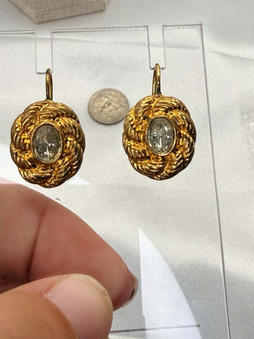 Avon Gold Tone Rope Swirl Rhinestone Dangle Earrings